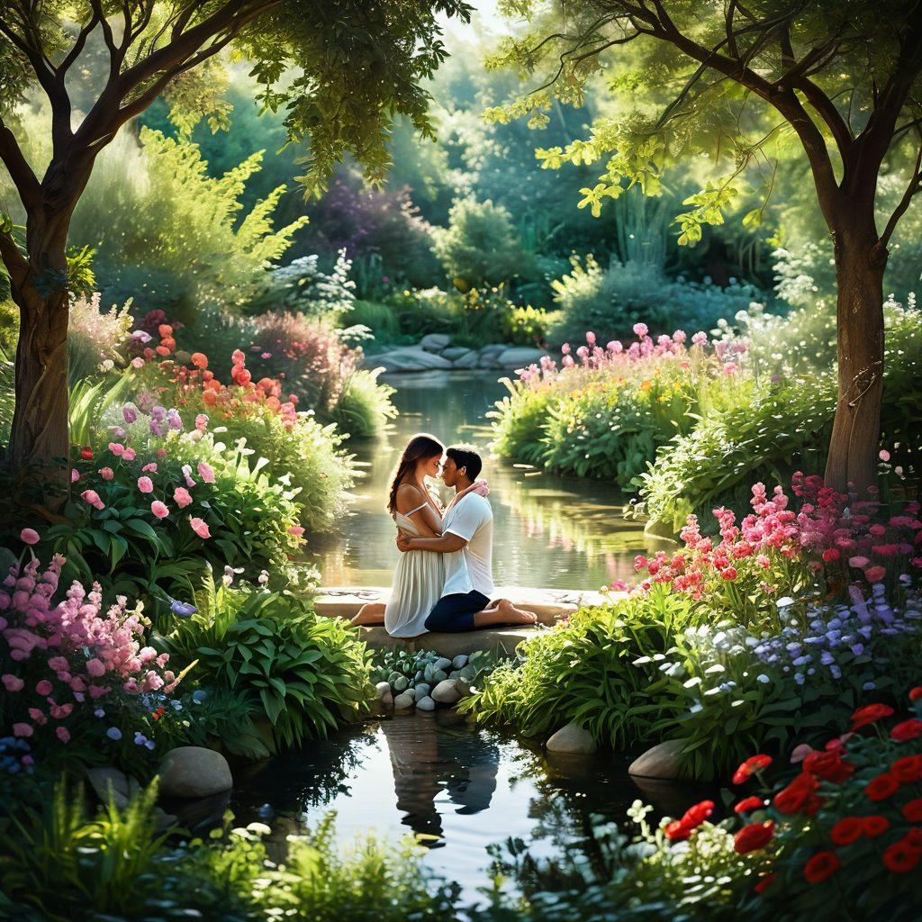 A serene scene depicting a couple embracing in a lush garden, surrounded by vibrant flowers symbolizing love and health. The background features calming elements like a gentle stream and soft sunlight filtering through trees, emphasizing intimacy and connection. Include subtle health motifs like heart shapes subtly integrated into the floral patterns. ethereal. vibrant colors. soft focus.
