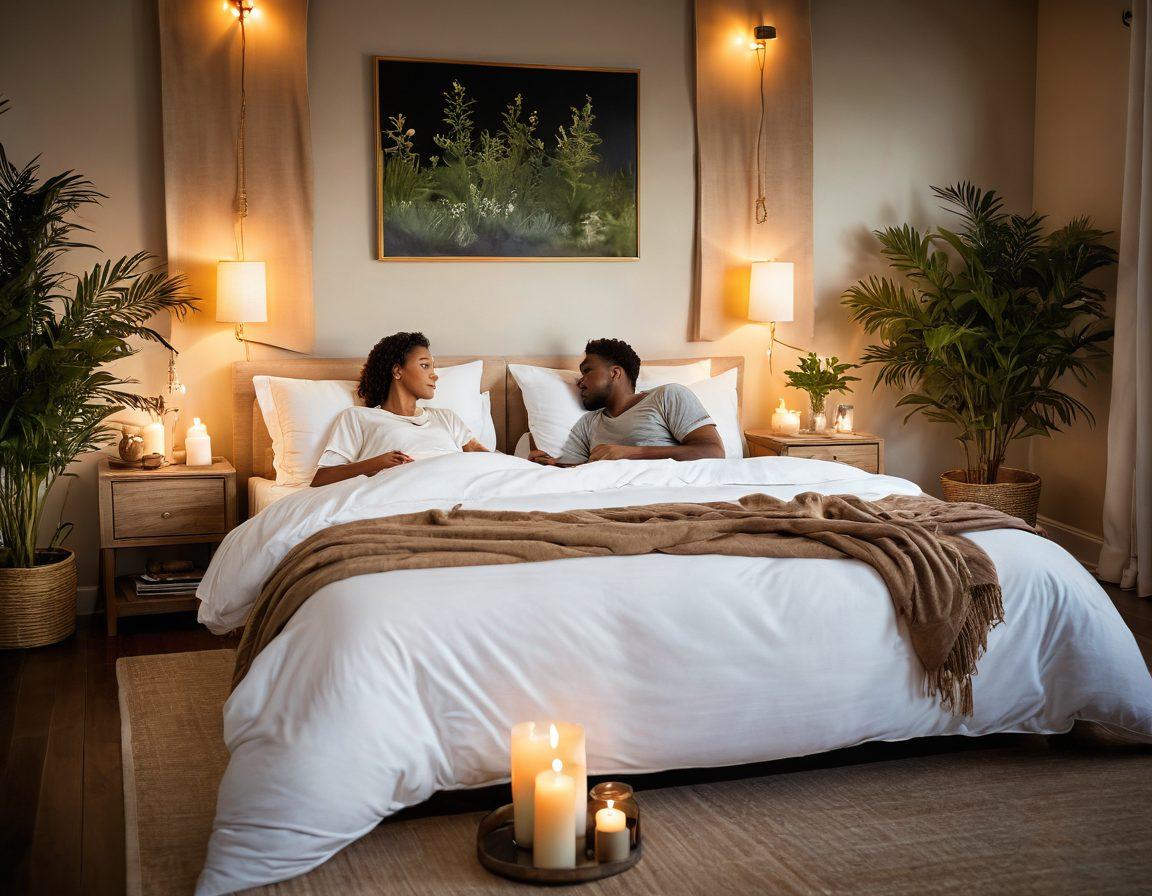 A serene and inviting bedroom setting, featuring a couple engaging in a heartfelt conversation, surrounded by soft pillows and warm lighting. Incorporate elements of nature like plants to symbolize growth and vitality, alongside wellness symbols such as candles and essential oils. The atmosphere should evoke feelings of intimacy and connection, highlighting holistic sexual wellness. soft focus. warm tones. peaceful ambiance.